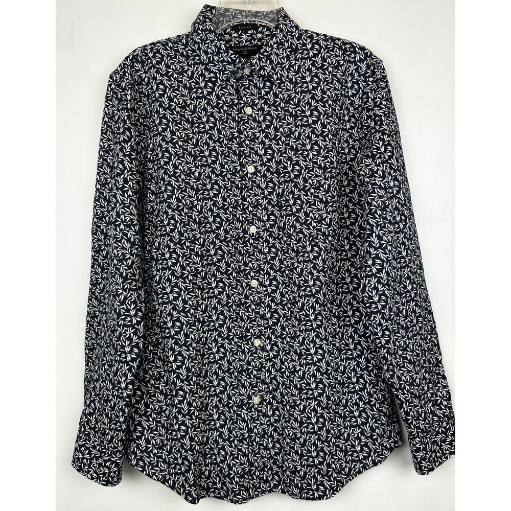 Banana Republic Shirt Womens Medium Navy Print Linen Cotton Blend Office Casual